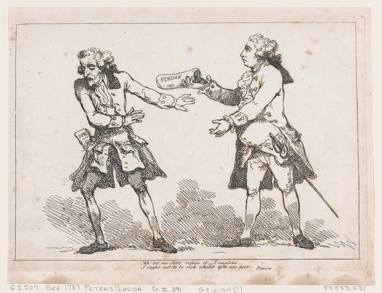 Ah laissez-moi Sire le refuser..., de la Pension de Pierre par Peter Pindar, Esq., 1787 - Thomas Rowlandson