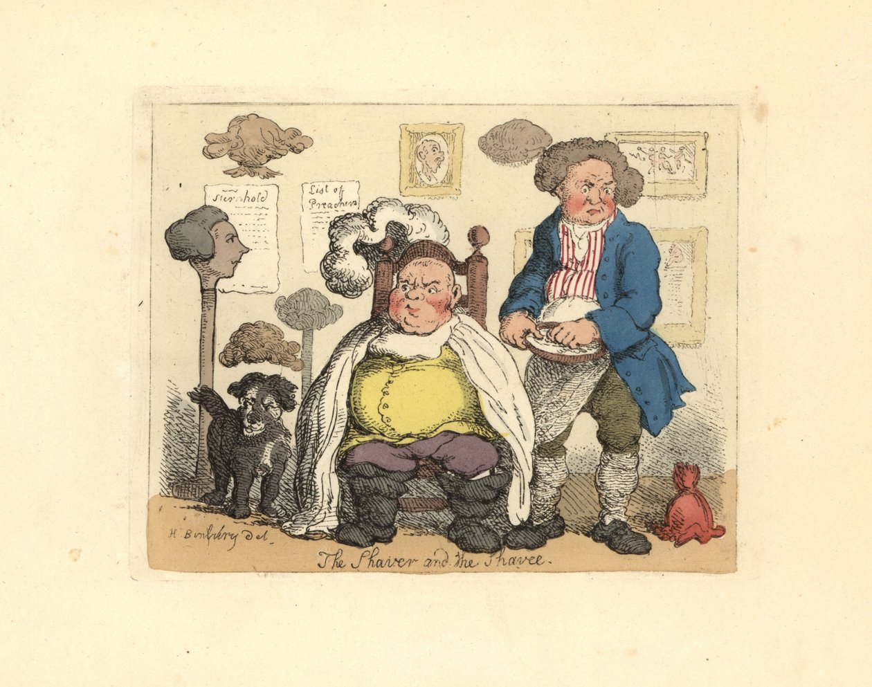 Barbier et client dans une boutique de coiffure décorée de perruques - Thomas Rowlandson