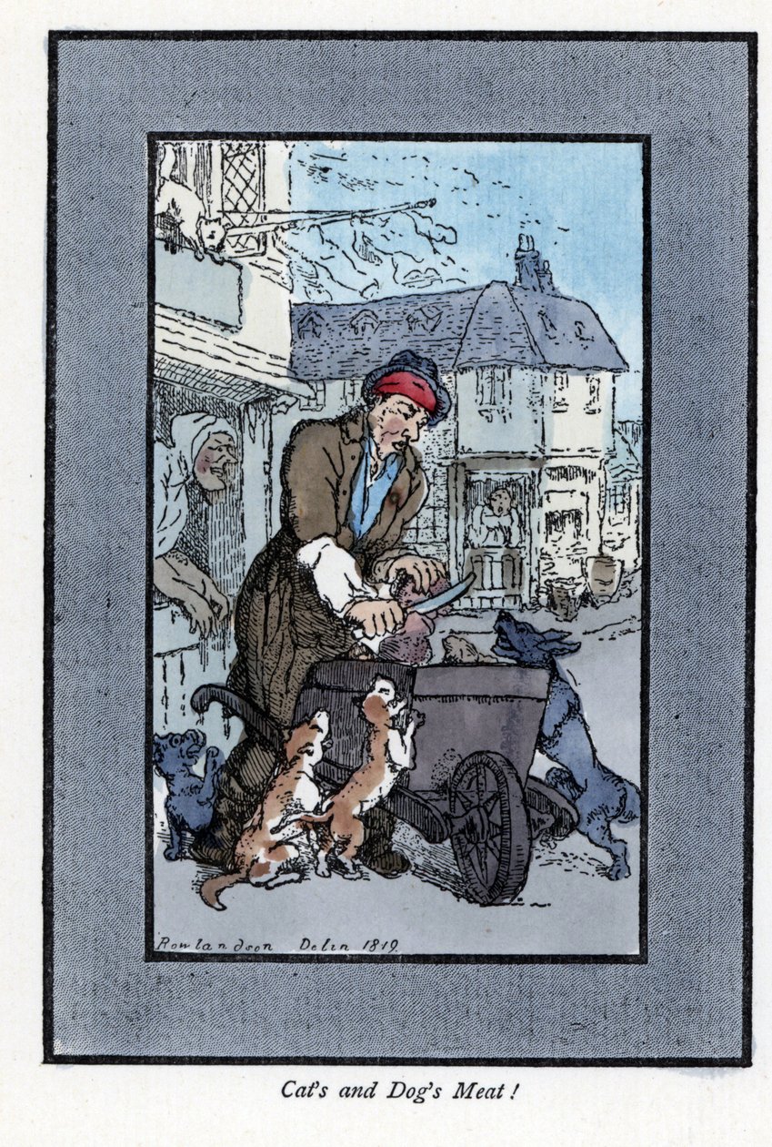 Boucher itinérant découpant un morceau de viande, attaqué par des chiens et des chats - Thomas Rowlandson