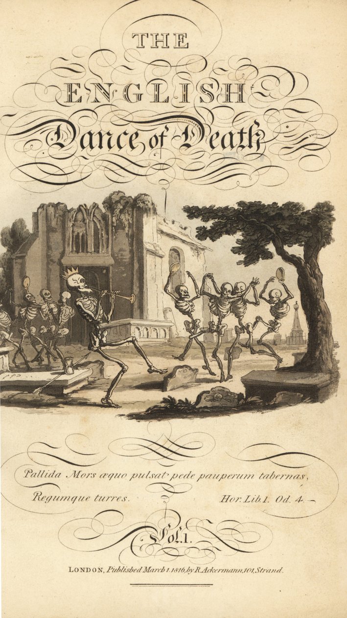 Titre calligraphique et vignette de squelettes dansant avec des tambourins et des cors dans un cimetière près d