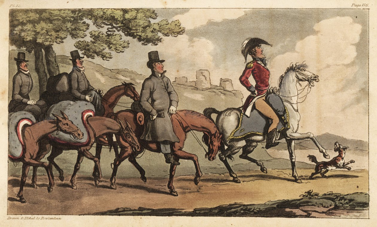 Le capitaine Johnny Newcome et ses serviteurs avec des chevaux de bât sur la route de Santarém, Portugal, pour retourner à la campagne péninsulaire. Gravure à l