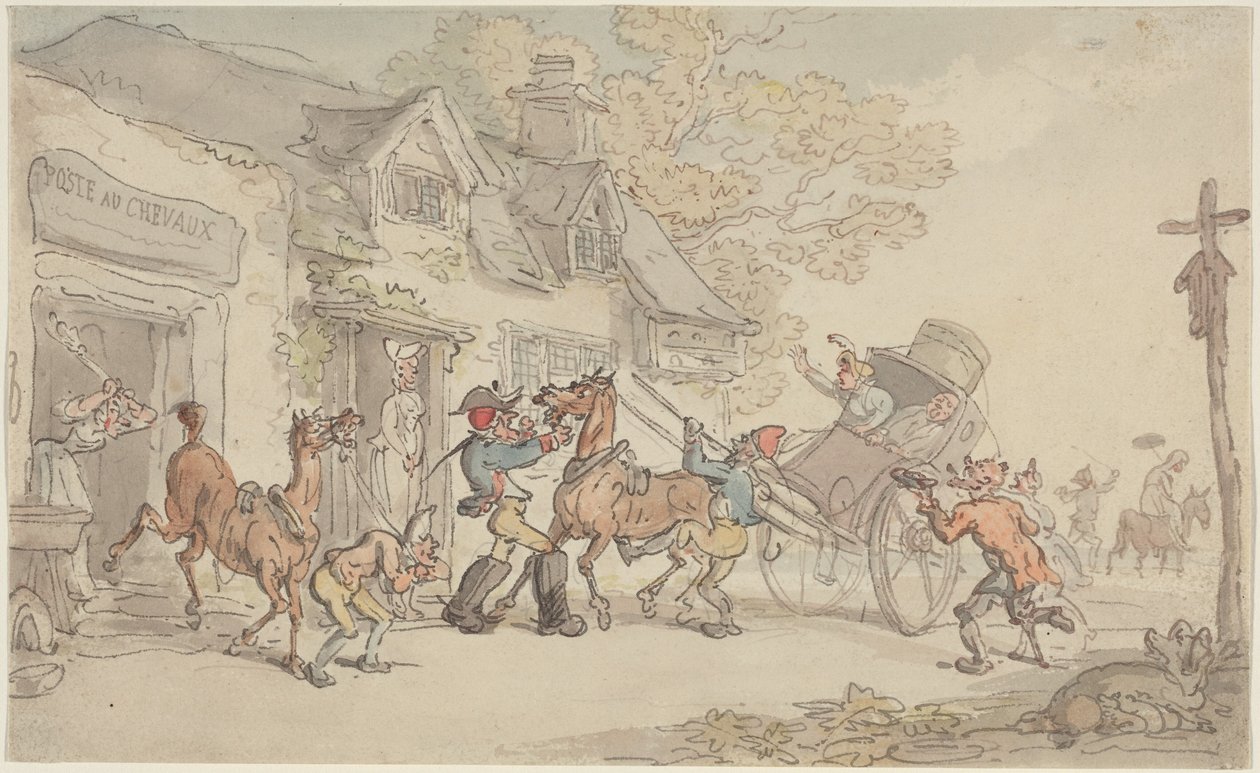 Changement de chevaux dans un relais de poste en France - Thomas Rowlandson