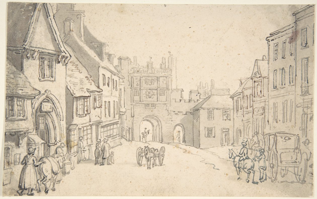 Vue de la ville avec une porte médiévale (peut-être York) - Thomas Rowlandson