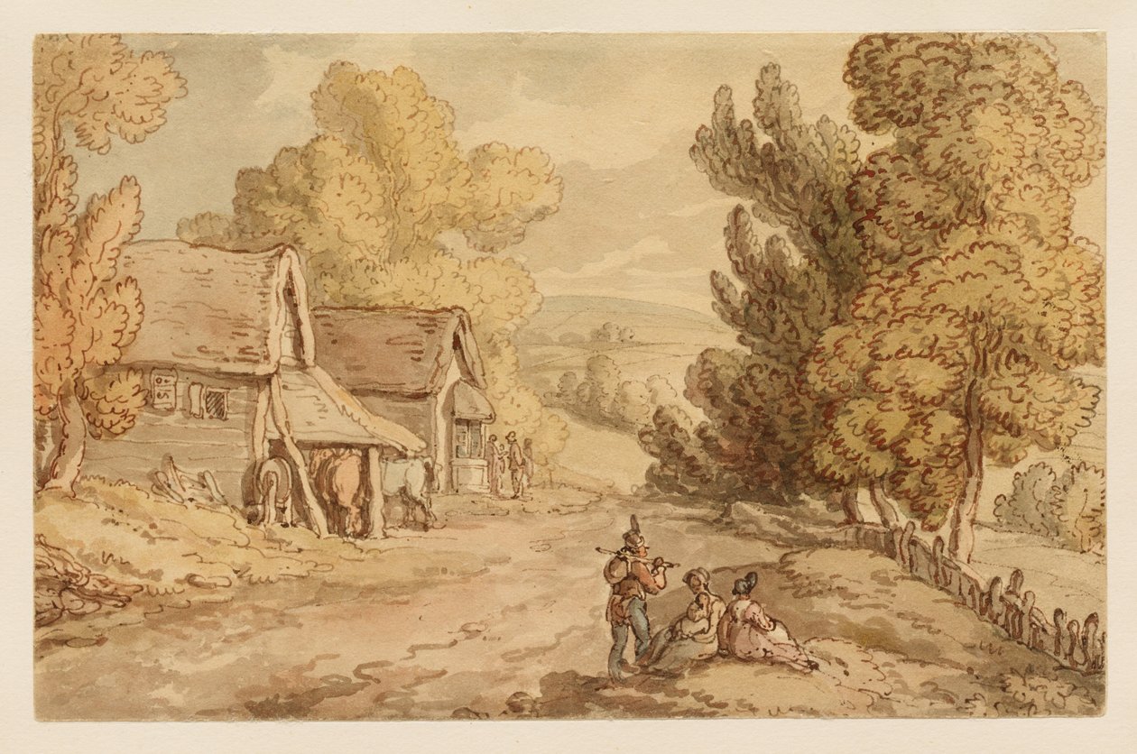 Chalet et grange avec des personnages se reposant au bord d