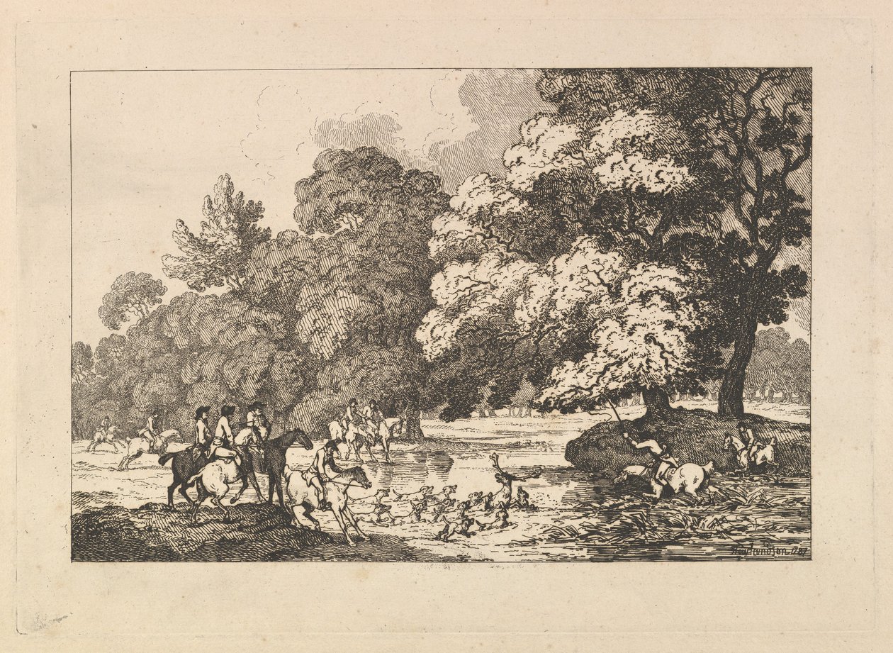 Chasse au Cerf - Une Scène de Paysage avec Cerf et Chiens dans une Rivière, 1787 - Thomas Rowlandson