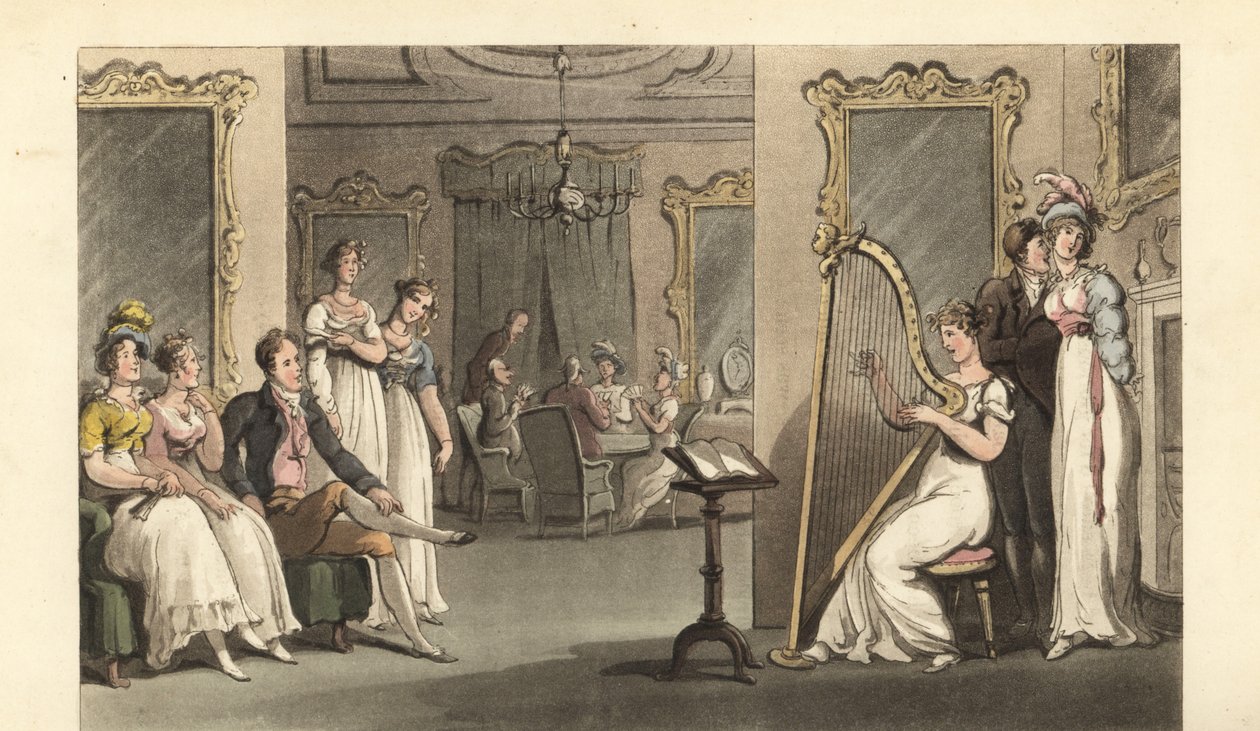 Gentleman anglais et dames écoutant un harpiste lors d