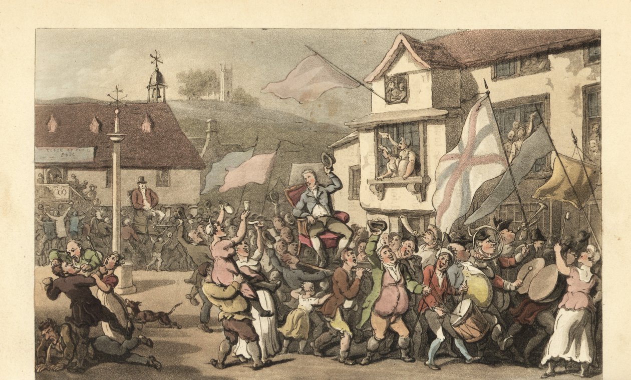 Gentleman anglais porté en chaise à porteurs pour une élection - Thomas Rowlandson