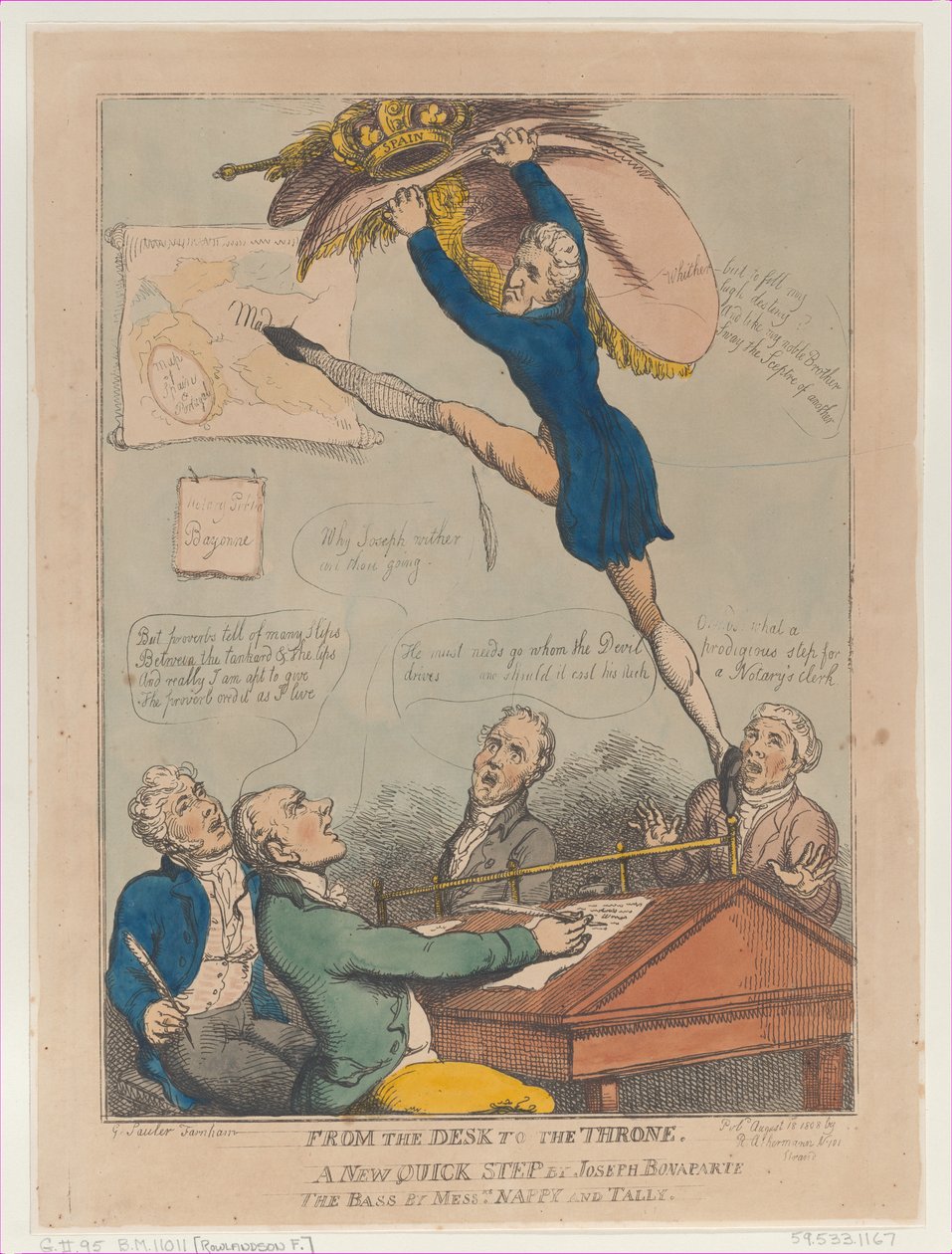Du bureau au trône, une nouvelle marche rapide par Joseph Bonaparte, le bassiste M..., 18 août 1808 - Thomas Rowlandson