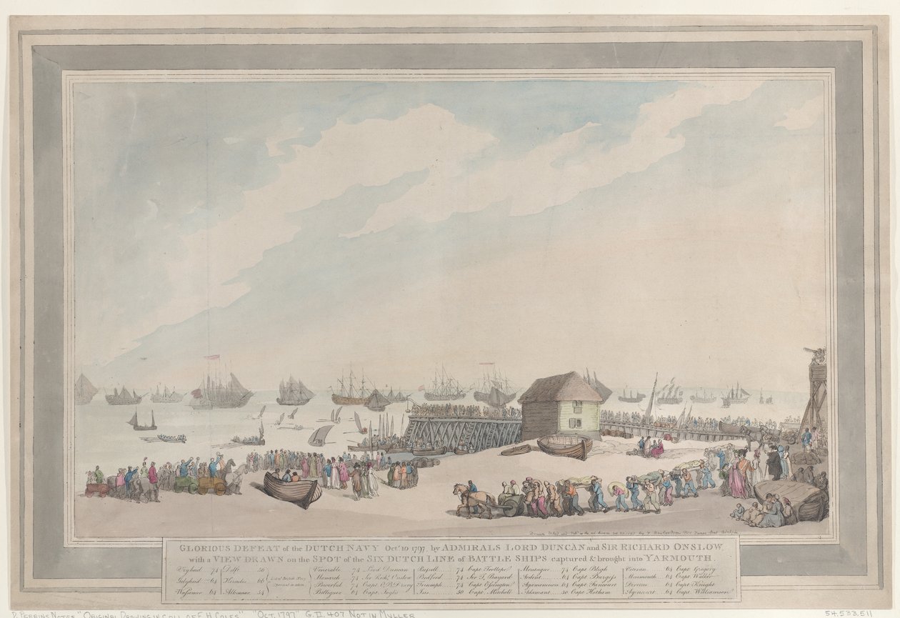 « La glorieuse défaite de la marine néerlandaise, le 10 octobre 1797, par les amiraux Lord Duncan et Sir Richard Onslow, avec une vue dessinée sur place des six navires de ligne néerlandais capturés et ramenés à Yarmouth » - Thomas Rowlandson