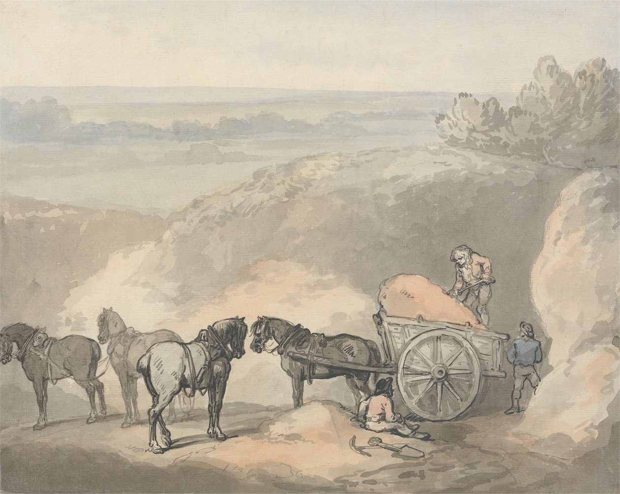 Des chevaux et une charrette près d