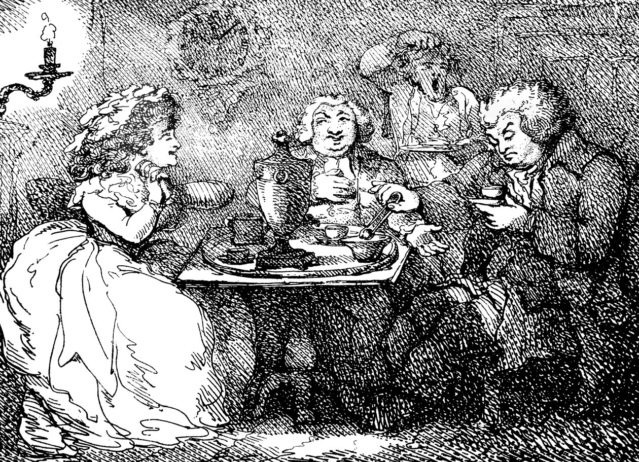 James Boswell, sa femme et le Dr Johnson prenant le thé à Édimbourg, 1773, 1786 - Thomas Rowlandson