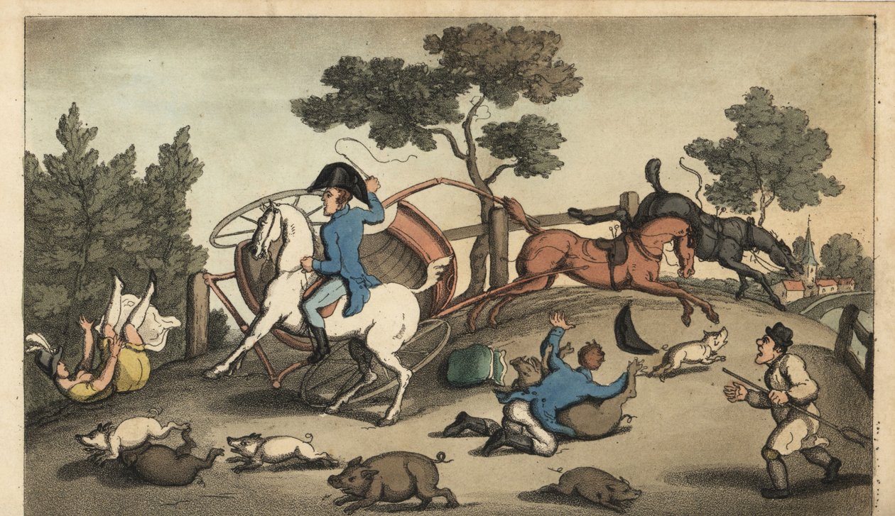 Johnny et une dame percutent une charrette dans un troupeau de porcs. Gravure à la main en cuivre par W. Read d