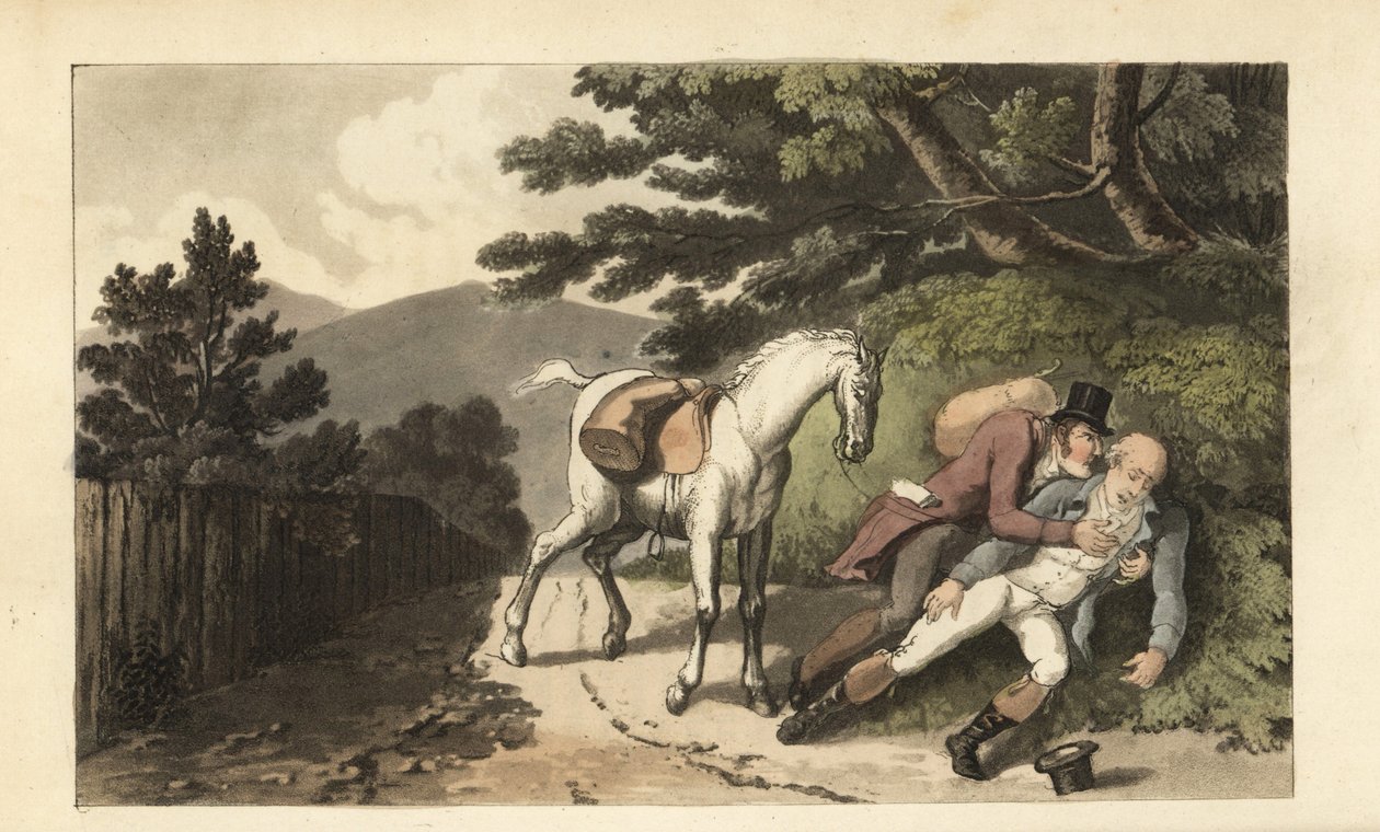 Johnny aidant un voyageur qui a été jeté de son cheval. Gravure à la main par Thomas Rowlandson tirée de The History of Johnny Quae Genus de William Combe, le petit trouvé du défunt docteur Syntax - Thomas Rowlandson