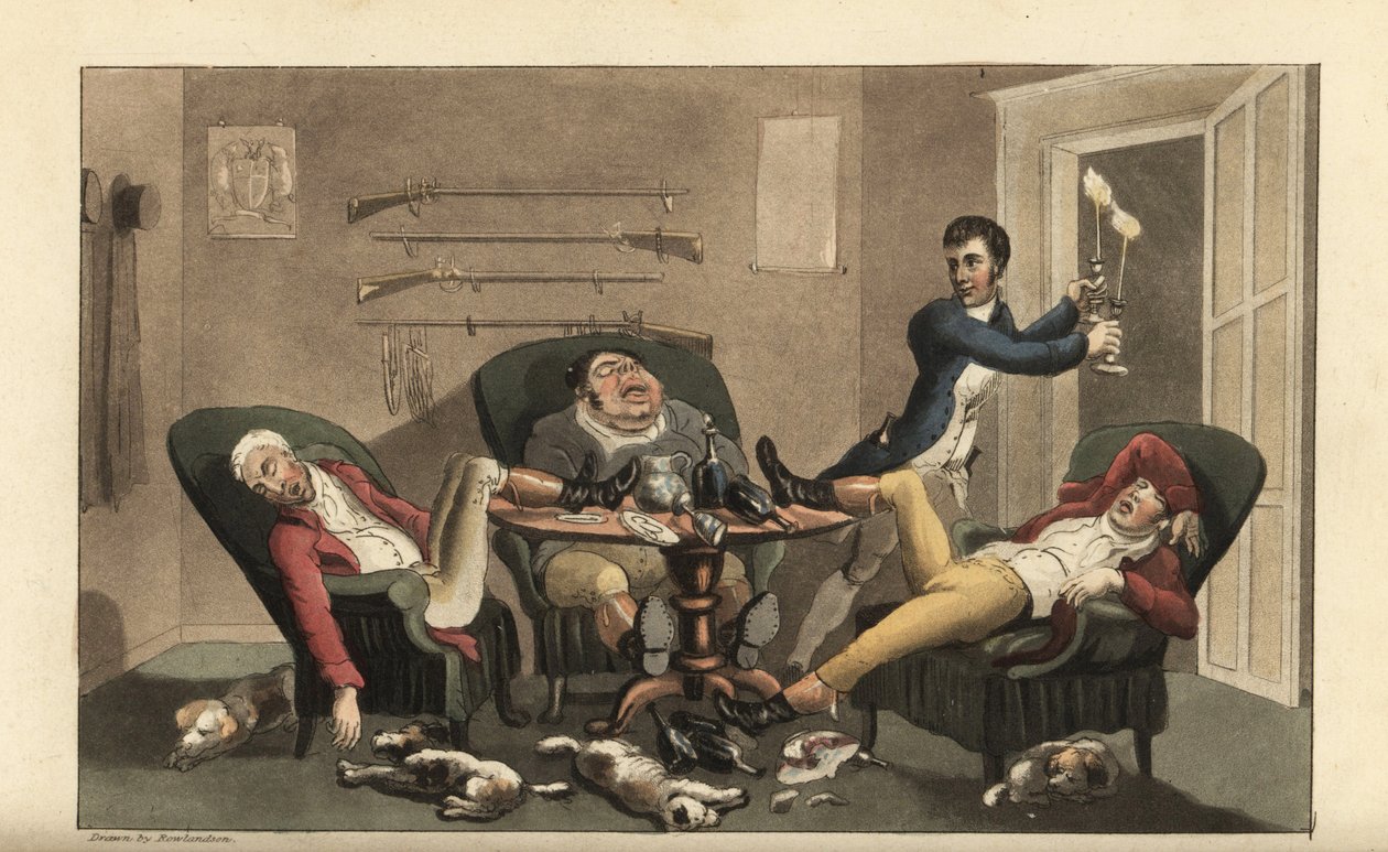 Johnny à une finale sportive: Johnny avec des chandeliers laisse trois chasseurs ivres endormis dans une salle à manger avec des bouteilles de vin vides et des chiens endormis. Gravure à l
