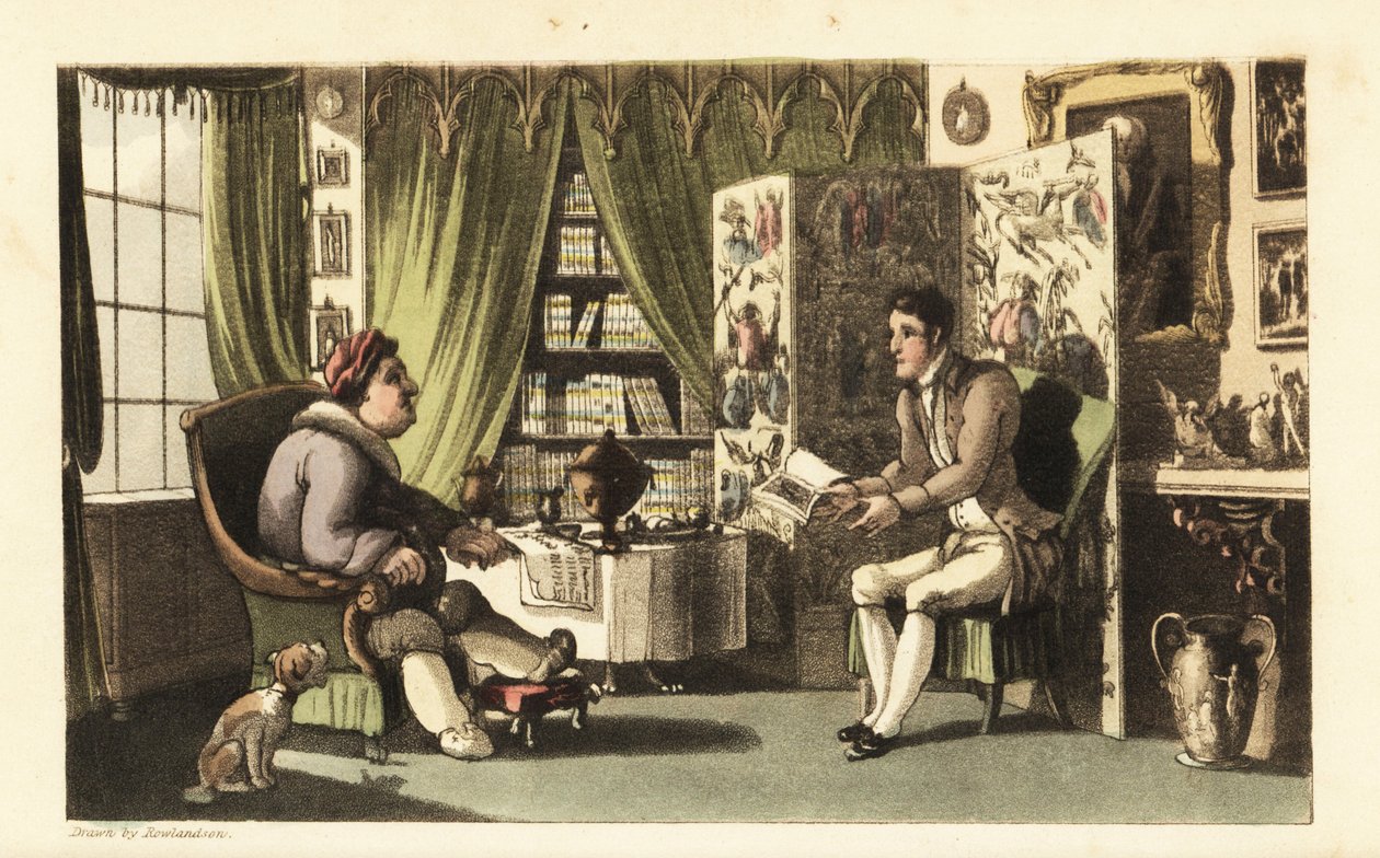 Johnny lisant à Sir Jeffery Gourmand dans son étude. Gravure à l