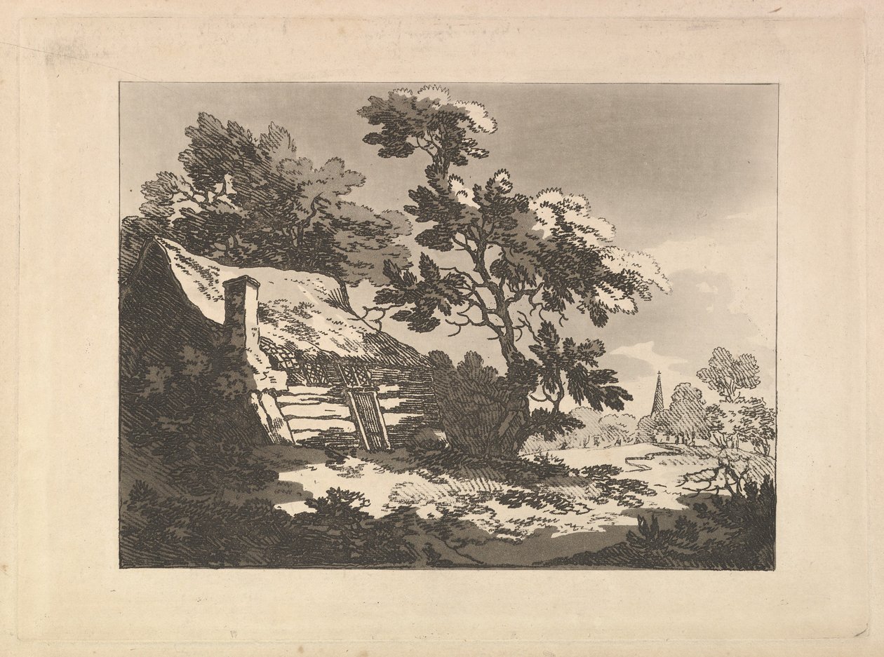 Paysage avec une chaumière parmi les arbres à gauche, et une flèche d