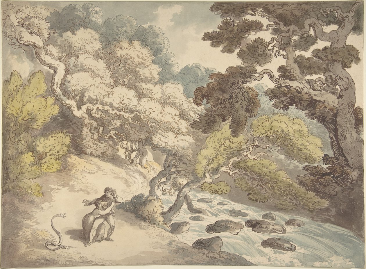 Paysage avec un ruisseau tumultueux et un couple sur la rive, effrayé par un serpent - Thomas Rowlandson