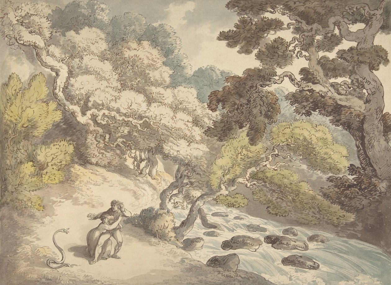 Paysage avec ruisseau tumultueux et un couple sur la rive, effrayé par un serpent - Thomas Rowlandson