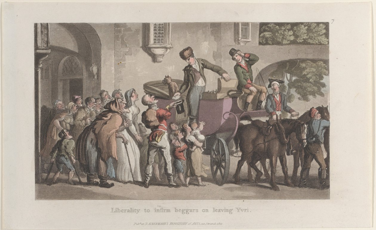 Générosité envers les mendiants infirmes en quittant Yrvi, du Journal des Voyages Sentimentaux - Thomas Rowlandson