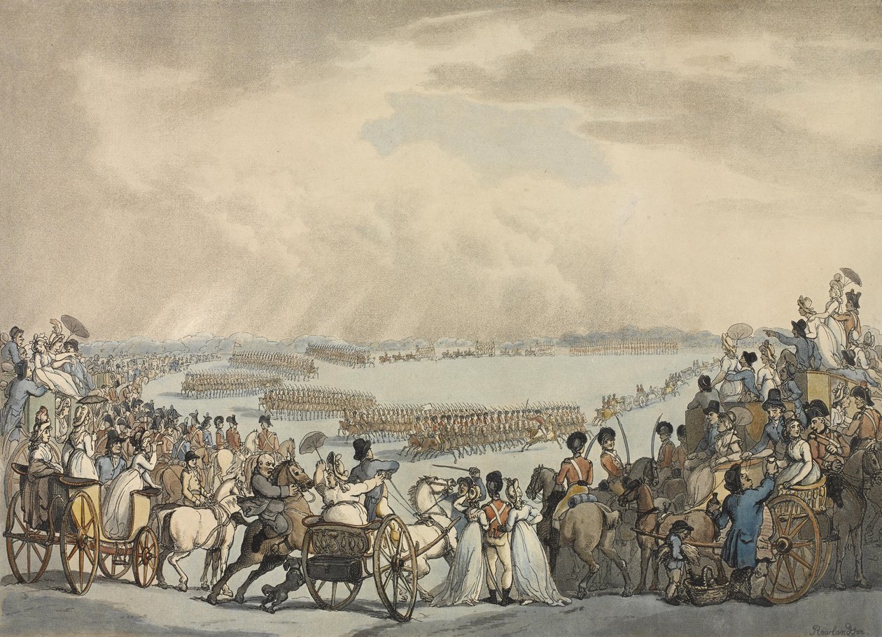 Volontaires de cavalerie légère de Londres et de Westminster, commandés par le colonel Herries, passés en revue par Sa Majesté sur Wimbledon Common, 5 juillet 1798 - Thomas Rowlandson