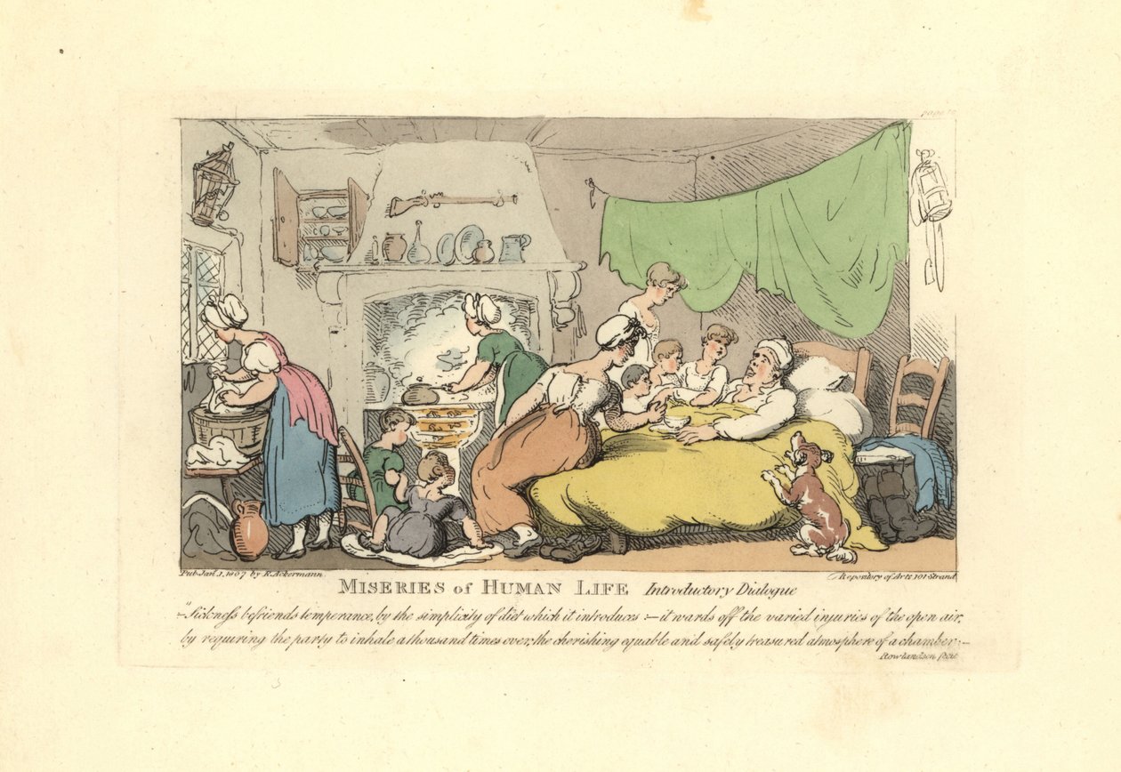 Homme dans son lit de malade entouré de sa femme dévouée, de ses enfants et de sa servante - Thomas Rowlandson