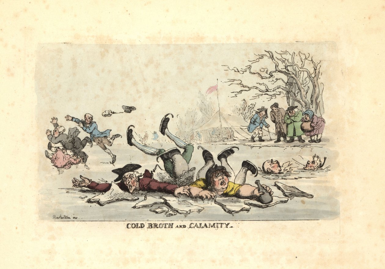 Hommes et femmes patinant sur de la glace mince et tombant dans une rivière glacée - Thomas Rowlandson