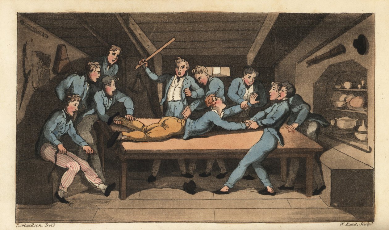 Punition navale de cobbing (fouet) pour avoir ruiné un repas. Johnny est battu avec un bâton sur la table pour avoir ajouté du sel au pudding. Gravure à l