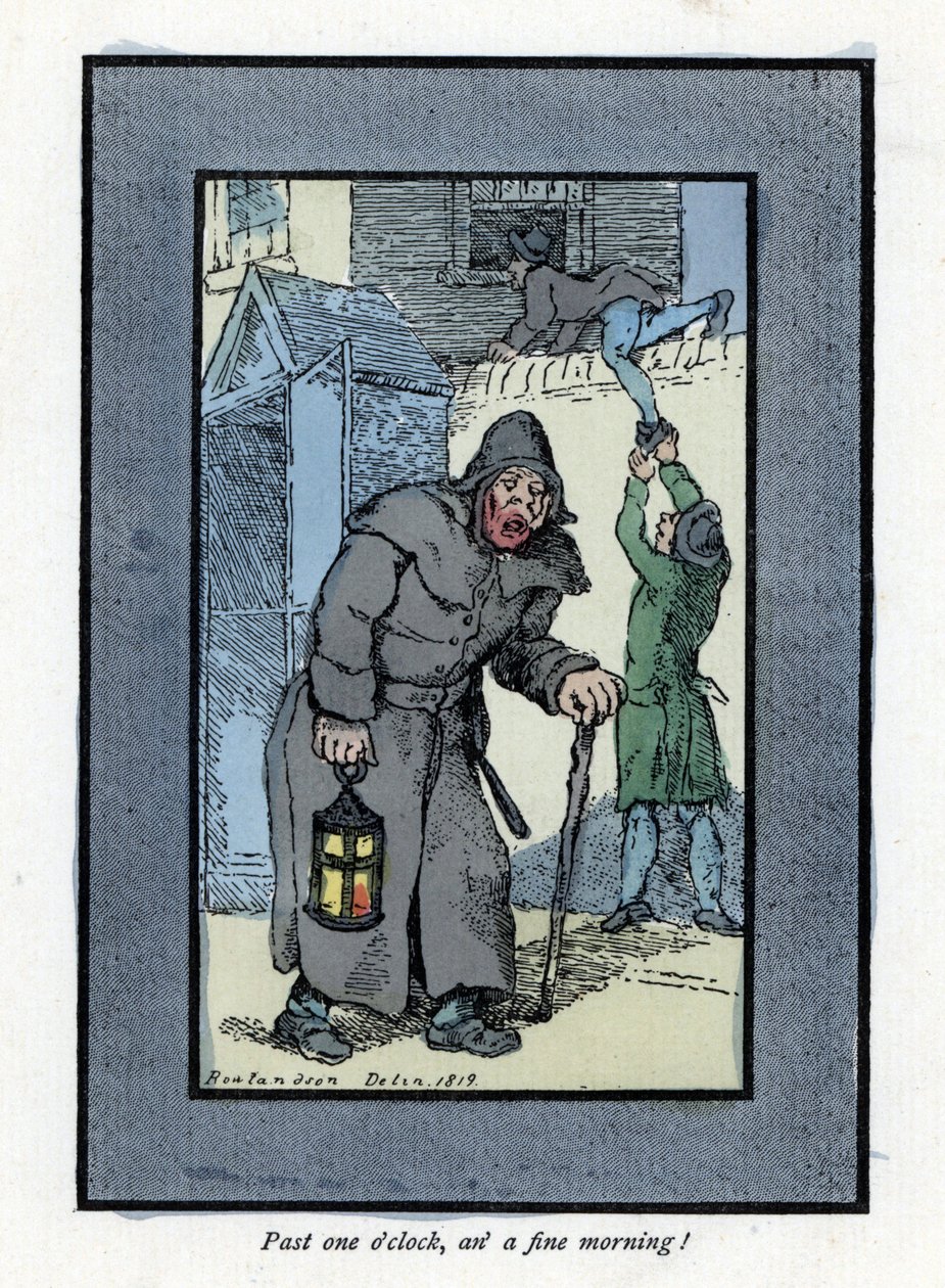 Veilleur de nuit avec sa lanterne et son bâton, inattentif à deux cambrioleurs entrant dans une maison derrière lui (1819). Gravure sur bois, d