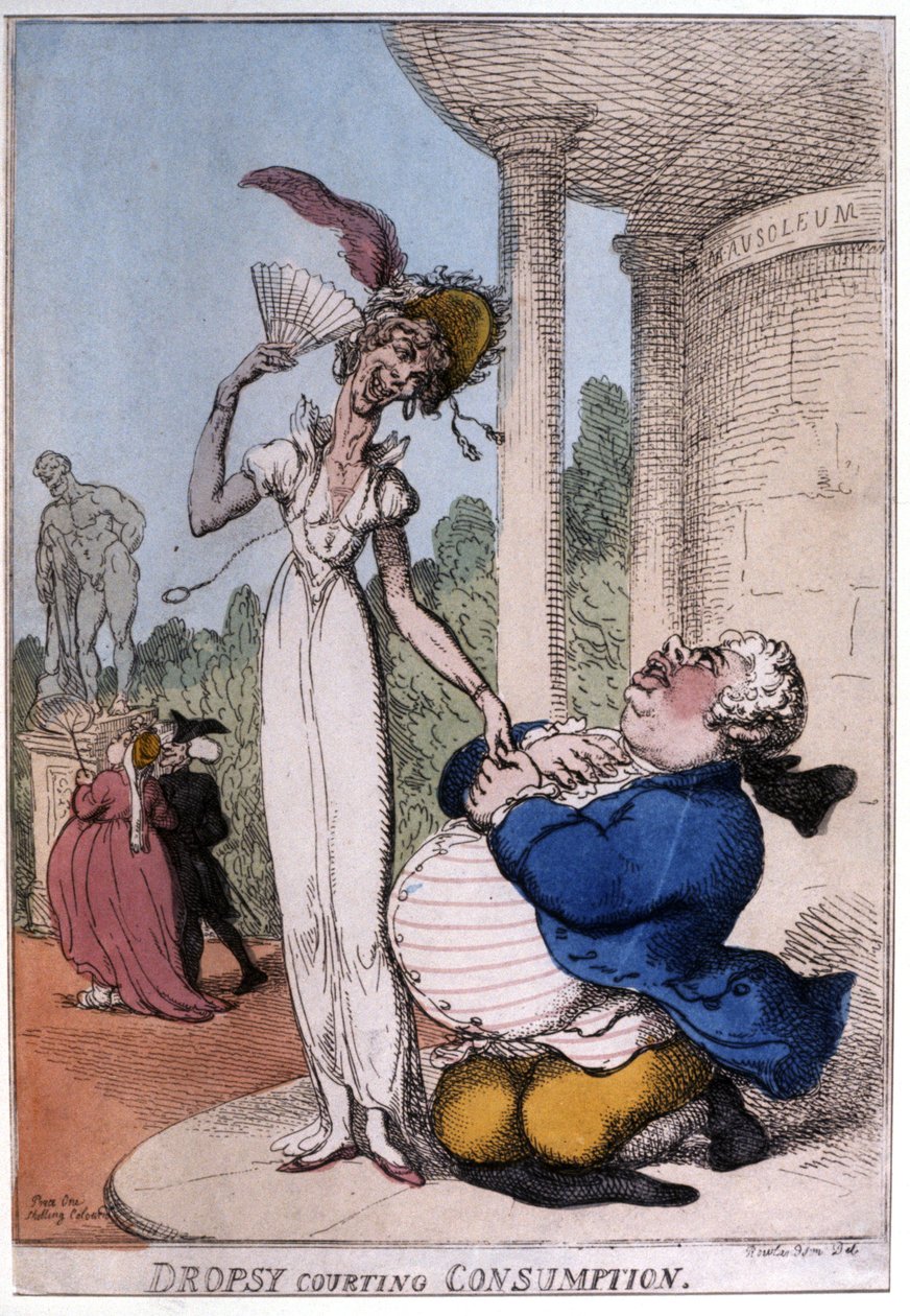 Homme obèse courtisant une patiente tuberculeuse : hydropisie et consomption, début du 19e siècle (caricature) - Thomas Rowlandson