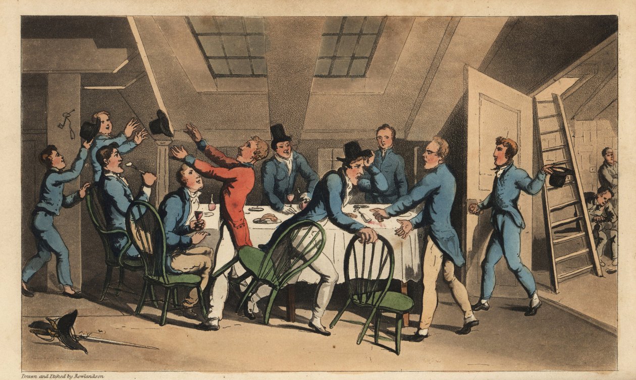 Officiers et aspirants célébrant la nouvelle que le capitaine a quitté le navire. Gravure à l