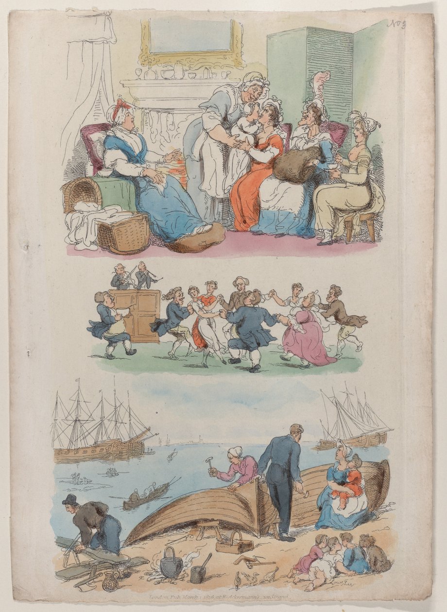 Visite de naissance, une danse ronde, du Monde en miniature, 1816 - Thomas Rowlandson