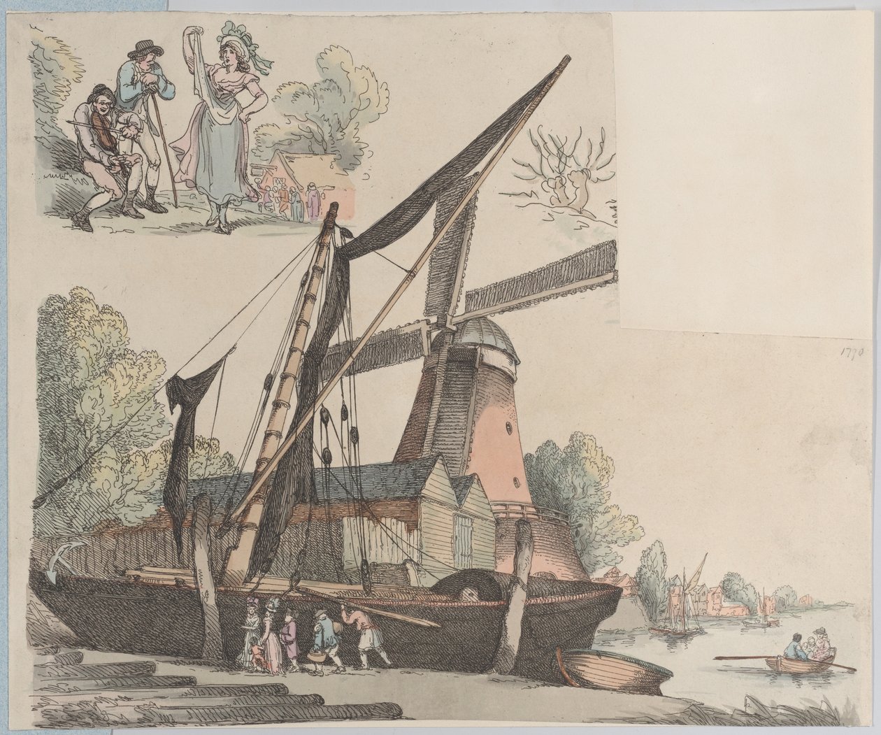 Scène de rivière avec moulin à vent de la planche 9, Contours de figures, paysages et C..., 20 janvier 1791 - Thomas Rowlandson