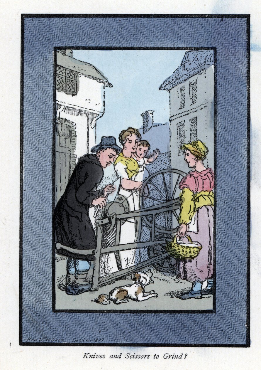 Aiguiseur aiguisant un couteau sur sa meule, avec ses clients (1819). Gravure sur bois, d