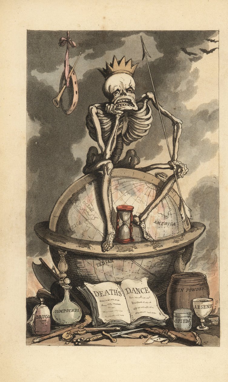 Squelette avec couronne, lance et sablier assis sur un globe au-dessus de diverses armes mortelles, pistolets, couteaux, poisons et drogues. Gravure à la main par Thomas Rowlandson de The English Dance of Death, Ackermann, Londres - Thomas Rowlandson