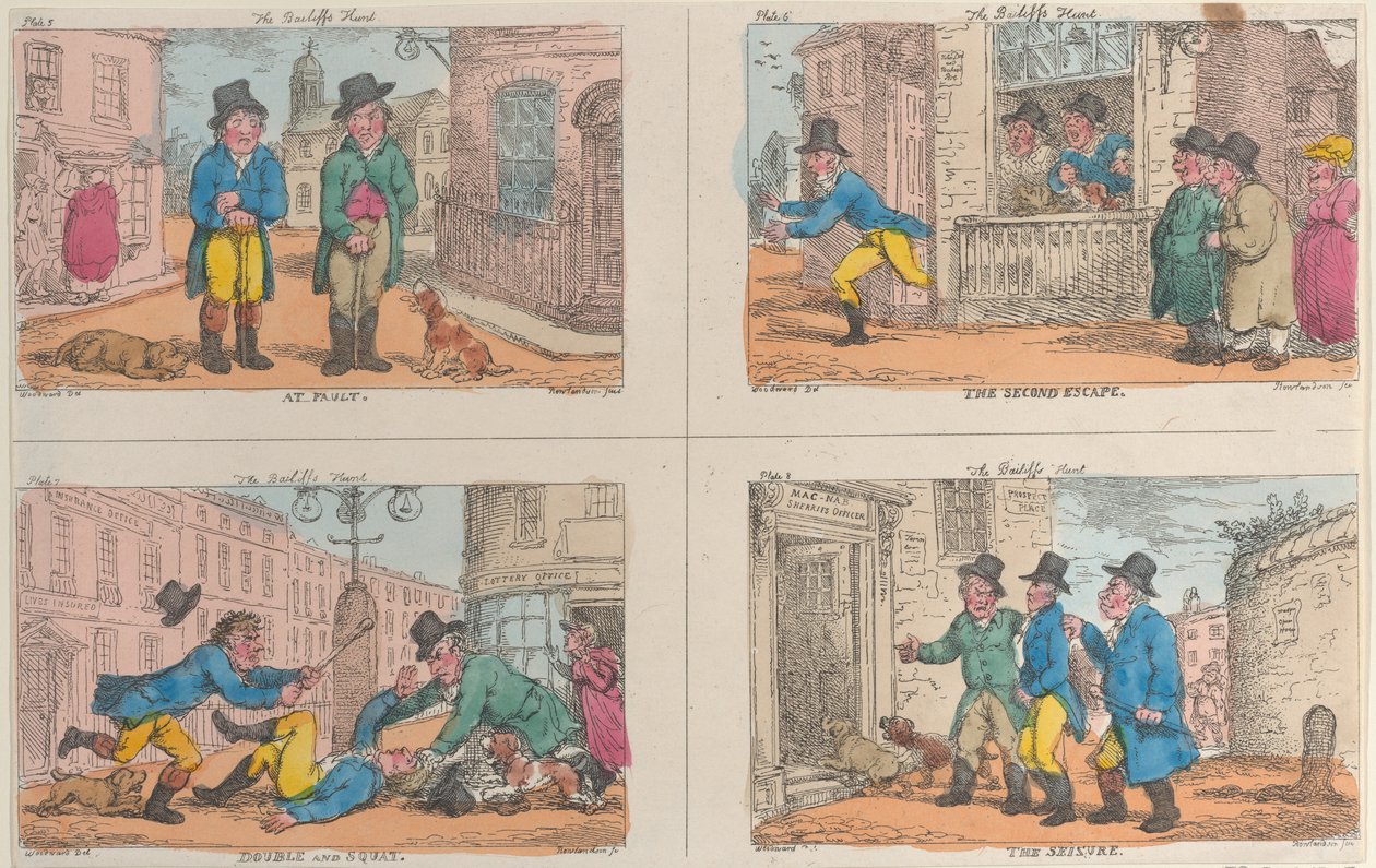 La chasse du bailli : À faute, La deuxième évasion, Double et Squat, et La saisie - Thomas Rowlandson