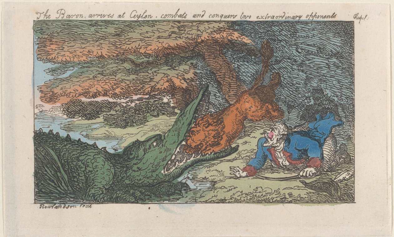 Le baron arrive à Ceylan, combat et conquiert deux adversaires extraordinaires - Thomas Rowlandson