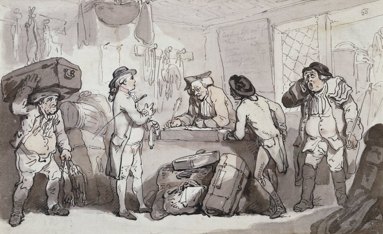 Le bureau de réservation des voitures : Thomas Rowlandson et Henry Wigstead réservant leur passage - Thomas Rowlandson