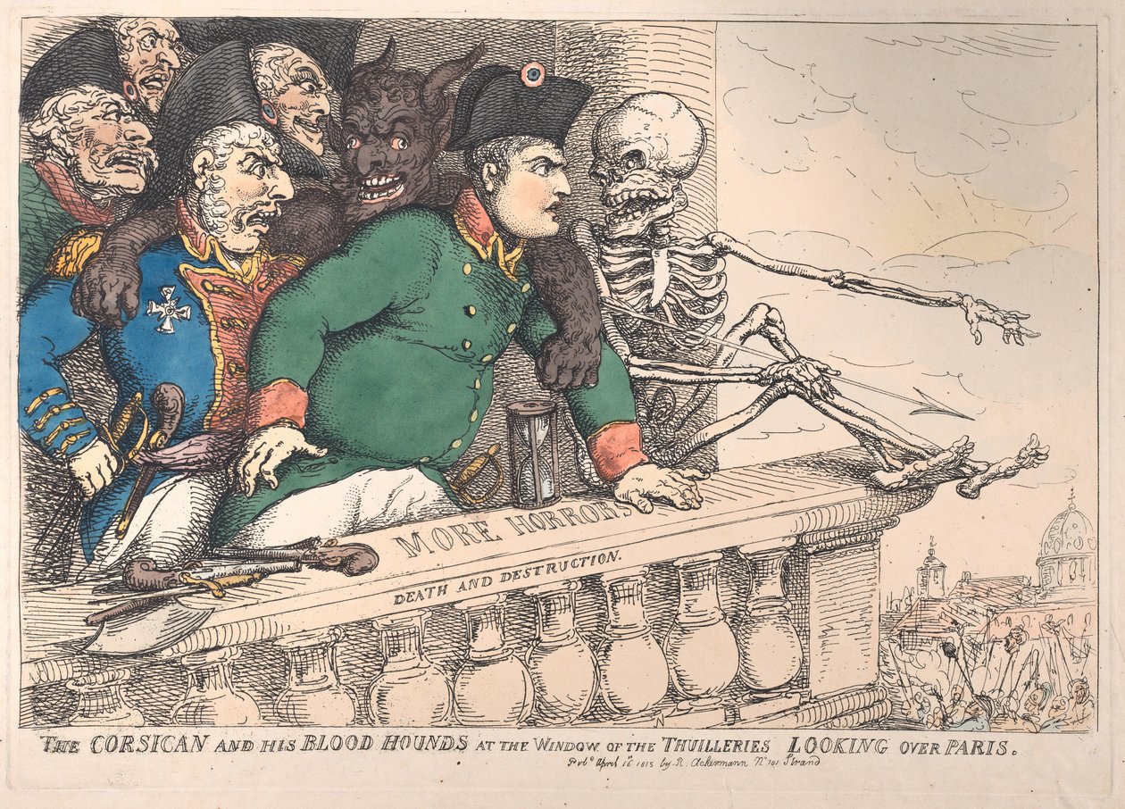 Le Corse et ses chiens de chasse à la fenêtre des Tuileries regardant au-dessus de Paris, 16 avril 1815 - Thomas Rowlandson