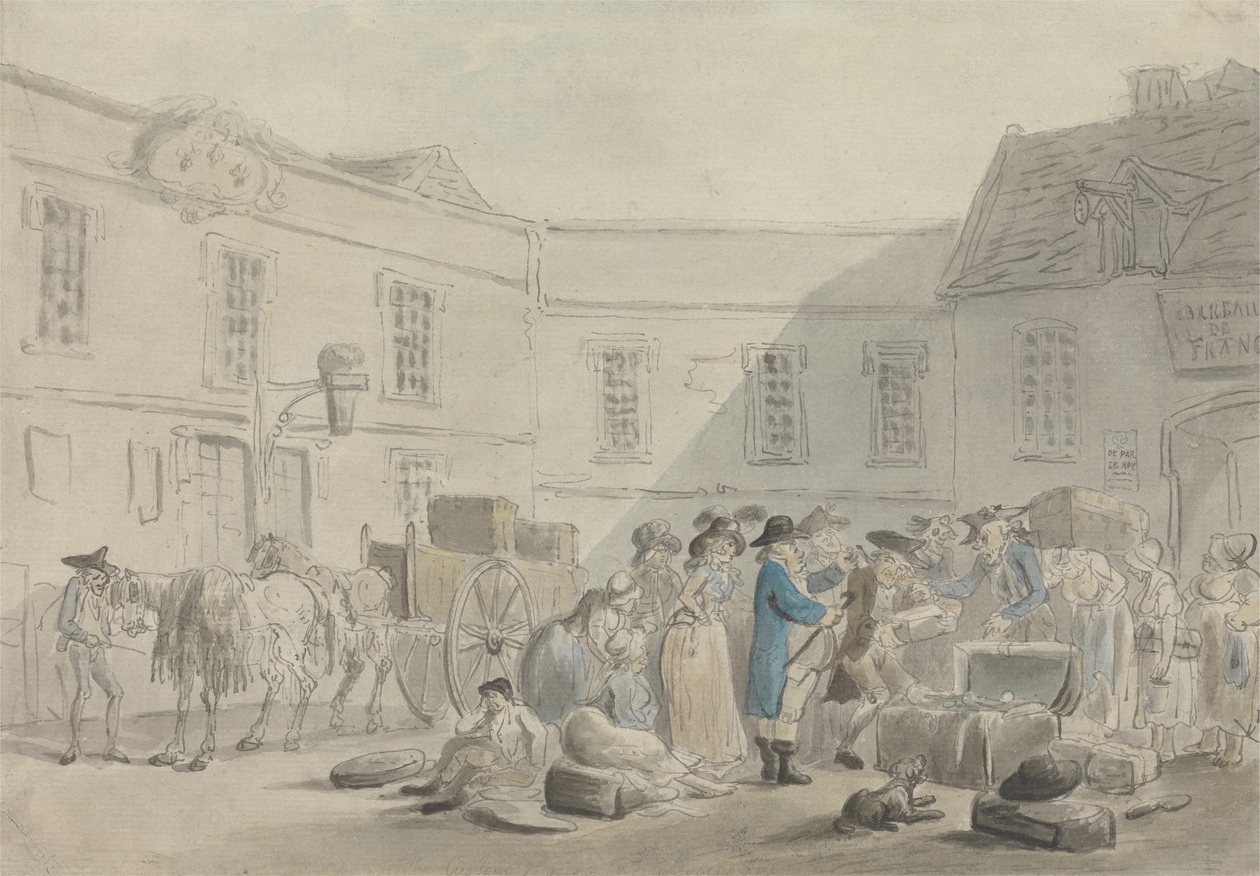 La douane à Boulogne - verso : croquis au graphite de chevaux, carrosses et bâtiments - Thomas Rowlandson