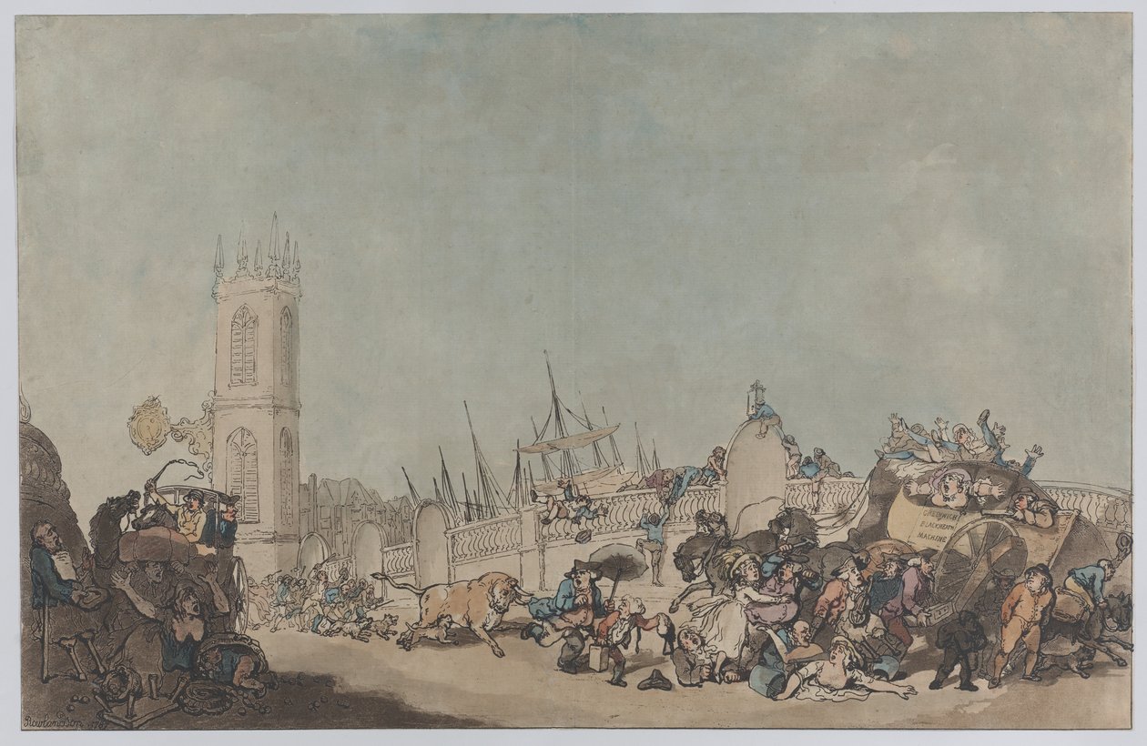 « The Overdrove Ox » (Le taureau fou sur le pont de Westminster) - Thomas Rowlandson