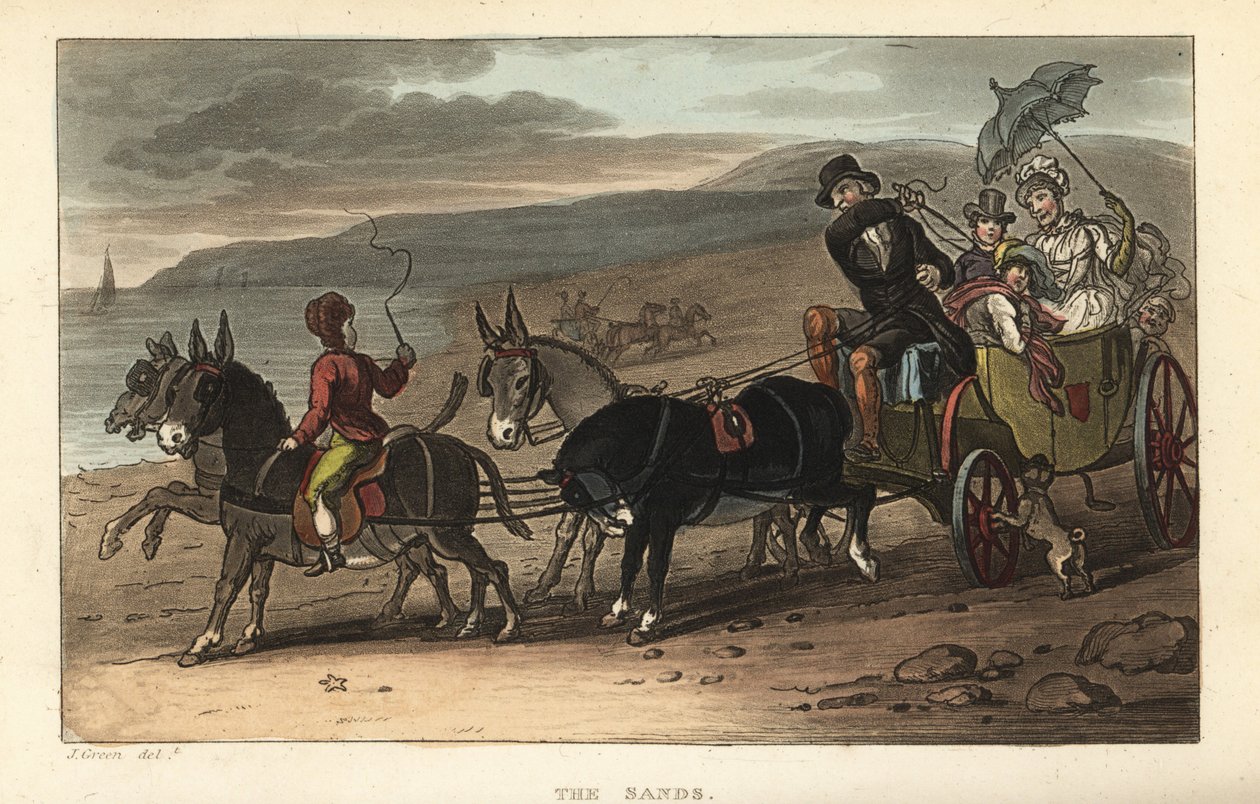 Les Sables : touristes dans une calèche tirée par des ânes sur la plage - Thomas Rowlandson