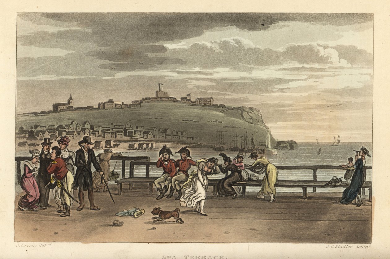 La terrasse du Spa : touristes se promenant par une journée venteuse sur la terrasse de la falaise. Gravure à la main par Thomas Rowlandson, aquatinte par J. C. Stadler, d