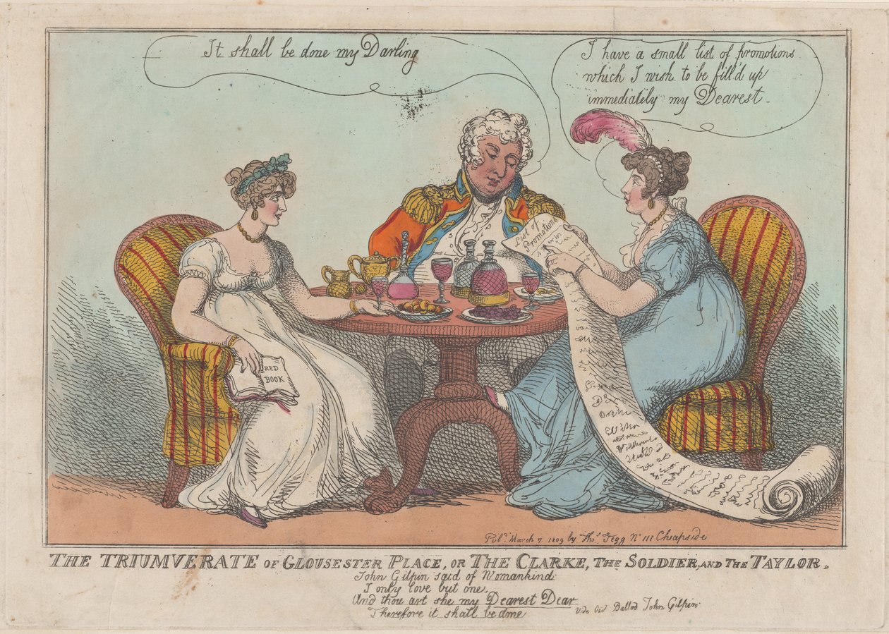 Le Triumvirat de Gloucester Place, ou Le Clerc, Le Soldat, et Le Tailleur, 1809 - Thomas Rowlandson