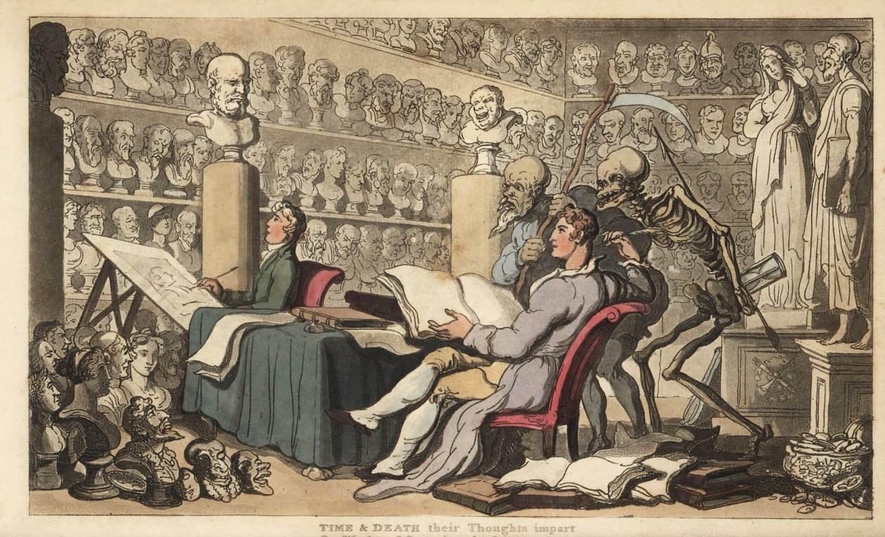 Les figures du Temps avec une faux et de la Mort avec sa lance et son sablier se tiennent derrière un artiste avec une plume dessinant dans un atelier rempli de bustes et de sculptures classiques. Gravure en cuivre dessinée et gravée par Thomas Rowlandson  - Thomas Rowlandson