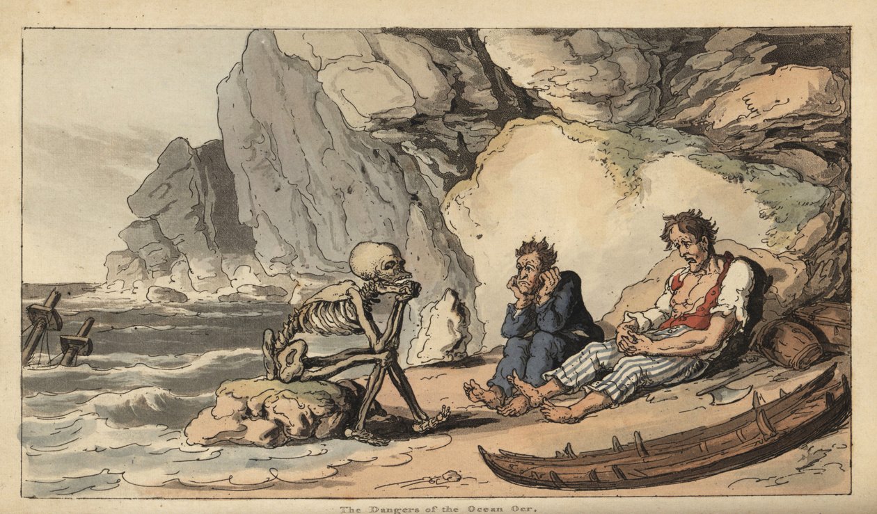 La figure squelettique de la Mort assise sur une plage avec deux marins naufragés. Gravure à la main par Thomas Rowlandson de « The English Dance of Death » - Thomas Rowlandson