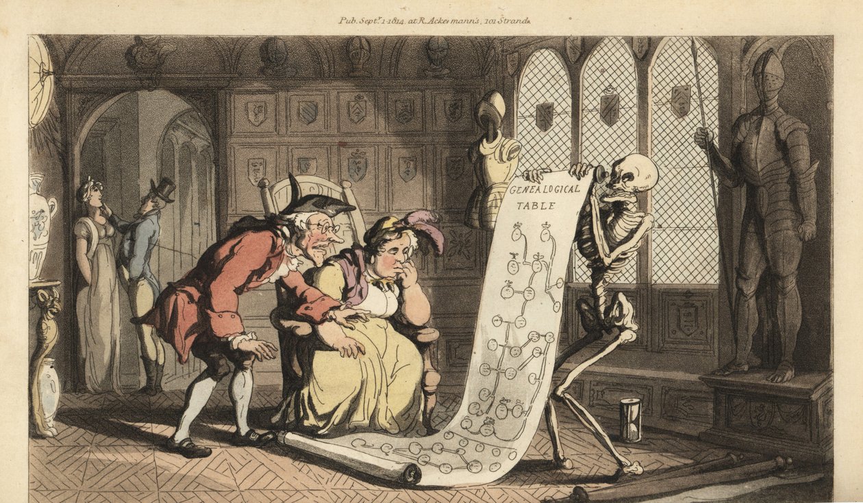 Le squelette de la Mort avec son sablier montre un arbre généalogique à deux généalogistes aristocratiques âgés dans une pièce avec des boucliers héraldiques et des armures. Gravure en cuivre dessinée et gravée par Thomas Rowlandson de The English Dance of - Thomas Rowlandson