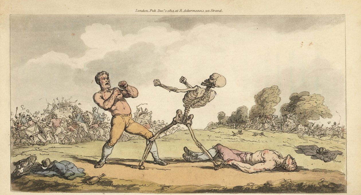 Le squelette de la Mort boxe avec un boxeur à mains nues tandis qu