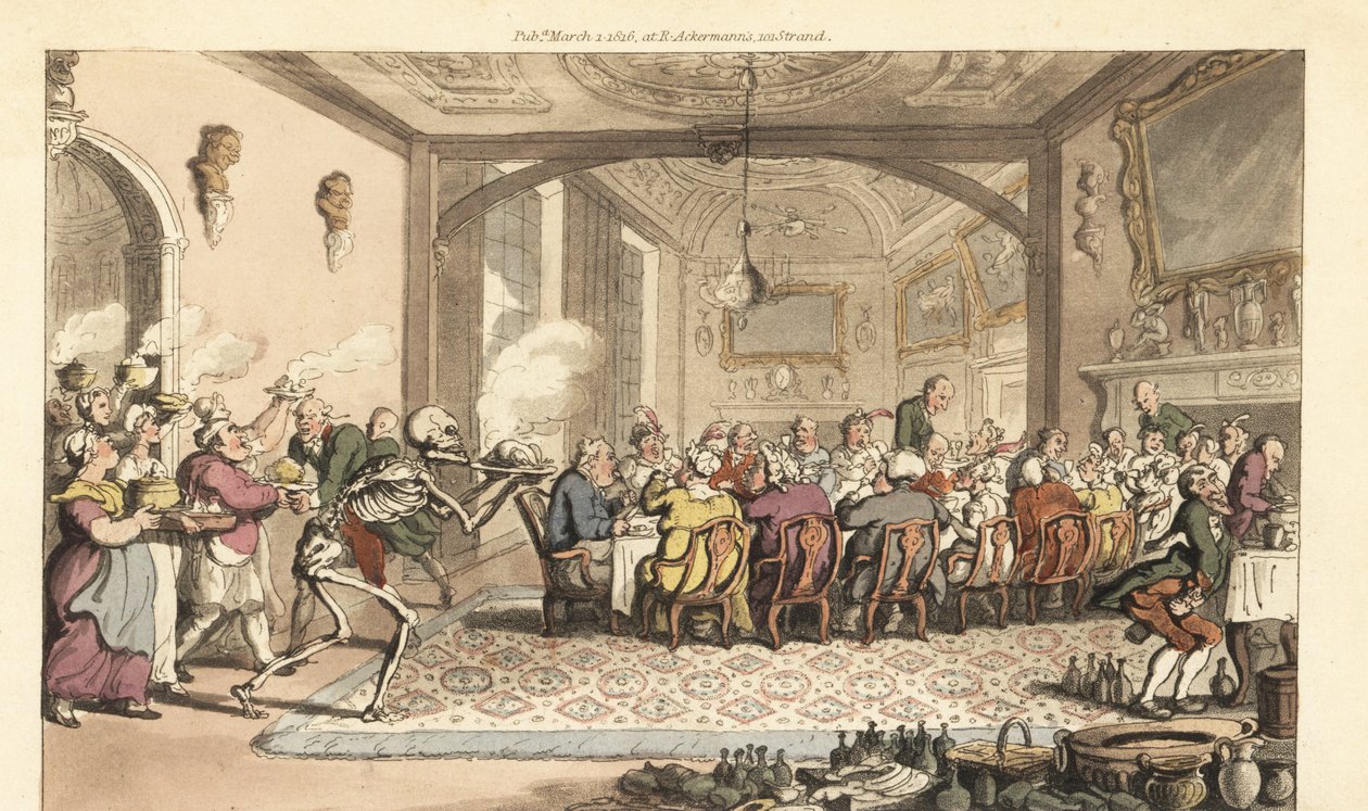 La mort apporte un plat fatal à un festin glouton dans une grande salle. - Thomas Rowlandson