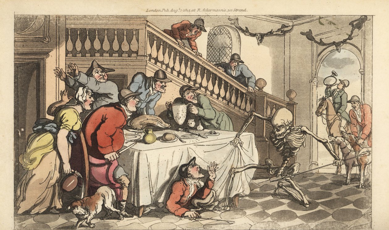 La mort vient pour un chasseur caché sous une table après une chasse au renard - Thomas Rowlandson
