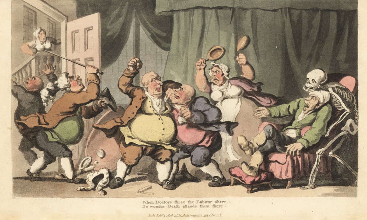 Le squelette de la Mort vient chercher un homme malade tandis que trois médecins charlatans se battent, et une servante les attaque avec des bassines de lit dans la Chambre de Guerre. Gravure à la main par Thomas Rowlandson de « The English Dance of Death  - Thomas Rowlandson